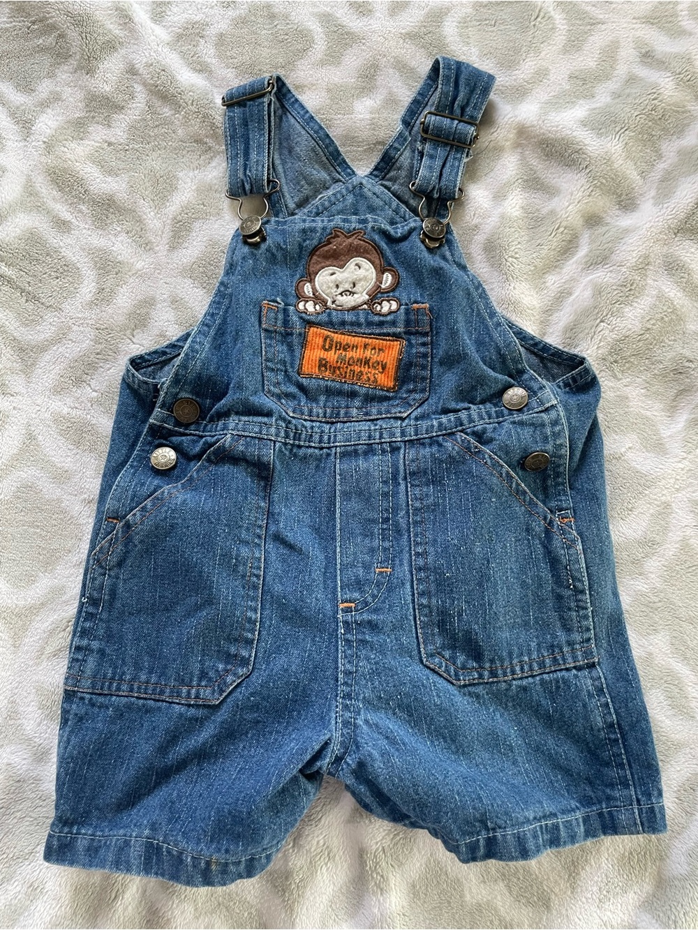 Kids Denim Short Overalls with Monkey Patch - Blue